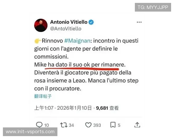 米兰接近与迈尼昂达成续约，薪资涨至500万欧加奖金。